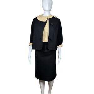Vintage 60s 100% Wool Metallic Gold Black 3 Piece Skirt Set Size 2 / 4